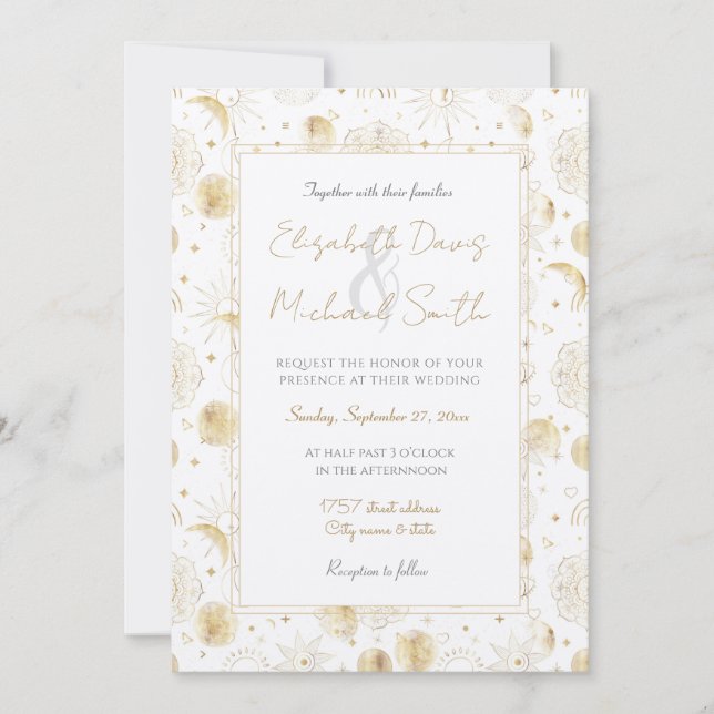 Invitación Doodles del Boho Gold Space Diseño Blanco (Anverso)