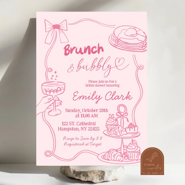 Invitación Doodles dibujados a mano Brunch rosa y burbujeante (Subido por el creador)