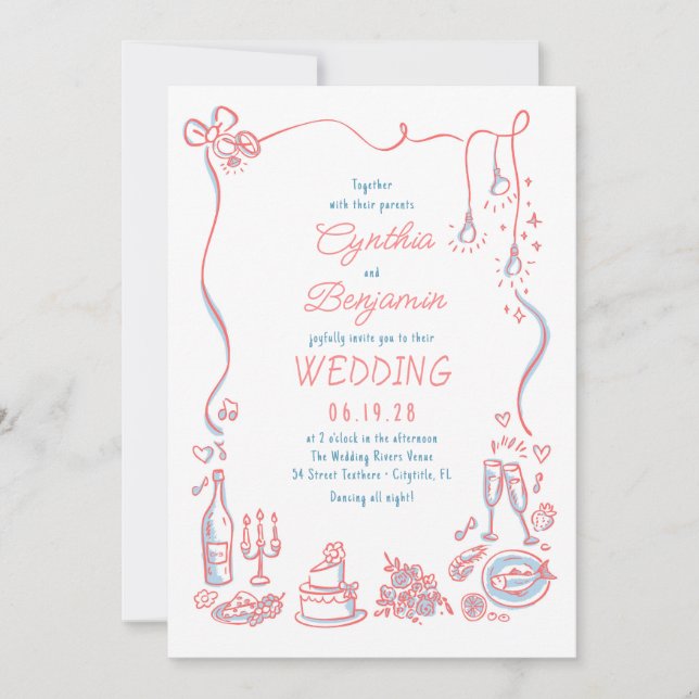 Invitación Doodles dibujados a mano fotografía Boda caprichos (Anverso)
