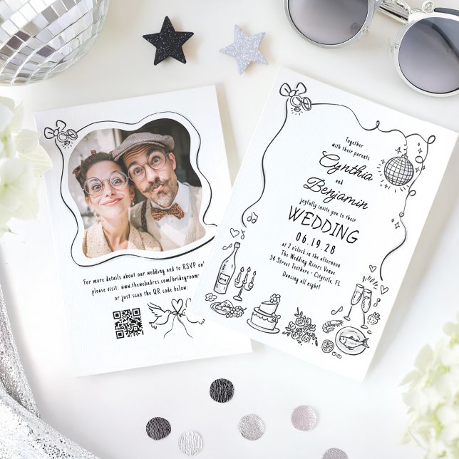 Invitación Doodles dibujados a mano fotografía de Boda retro  (Hand Drawn Whimsical Wedding Photo Invitation)