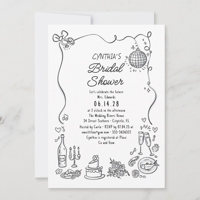 Invitación Doodles dibujados a mano Funky Whimsical Bridal Sh (Anverso)
