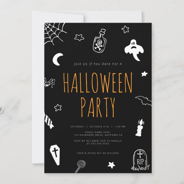 Invitación Doodles dibujados a mano para la fiesta de Hallowe (Anverso)