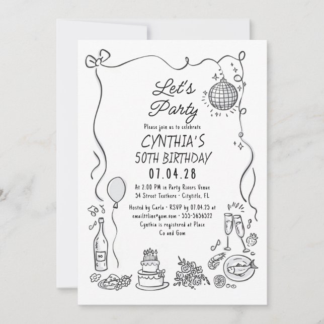 Invitación Doodles dibujados a mano Whimsical Quirky Cumpleañ (Anverso)
