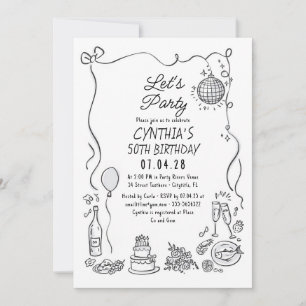 Invitación Doodles dibujados a mano Whimsical Quirky Cumpleañ