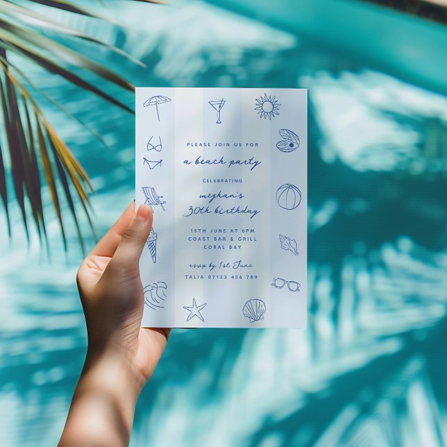 Invitación Doodles dibujados de la mano azul Fiesta de playa  (Subido por el creador)