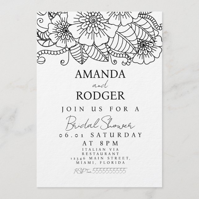 Invitación Doodles Florales Botánicas Despedida de Soltera (Anverso)