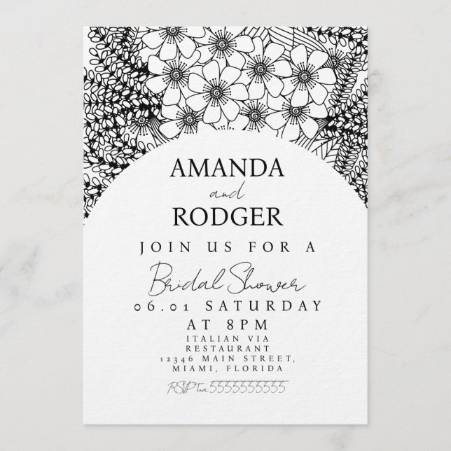 Invitación Doodles Florals Black White Bridal Shower (Anverso)