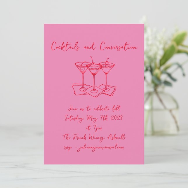 Invitación Doodles manuscritos Cócteles Conversación Rosa (Anverso de pie)