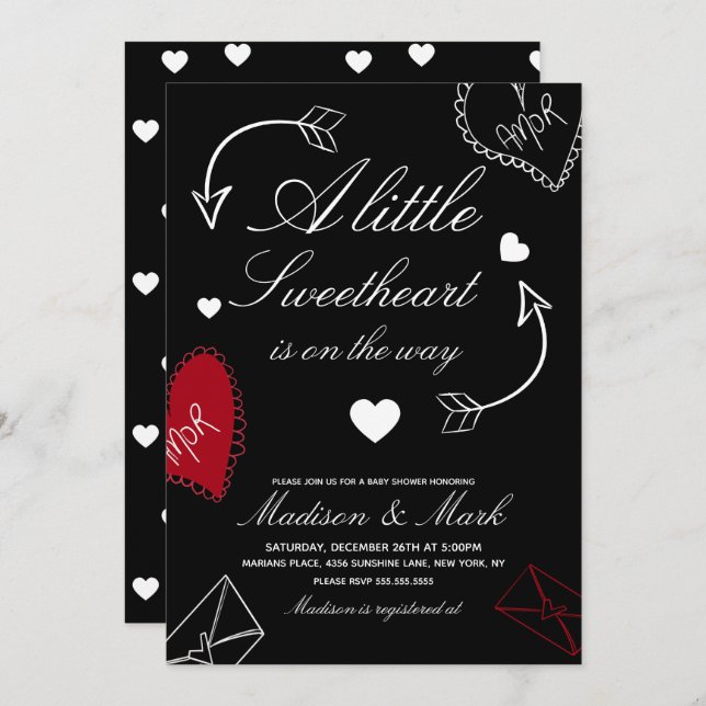 Invitación Doodles Sweetheart On the way  Baby Shower  (Anverso / Reverso)