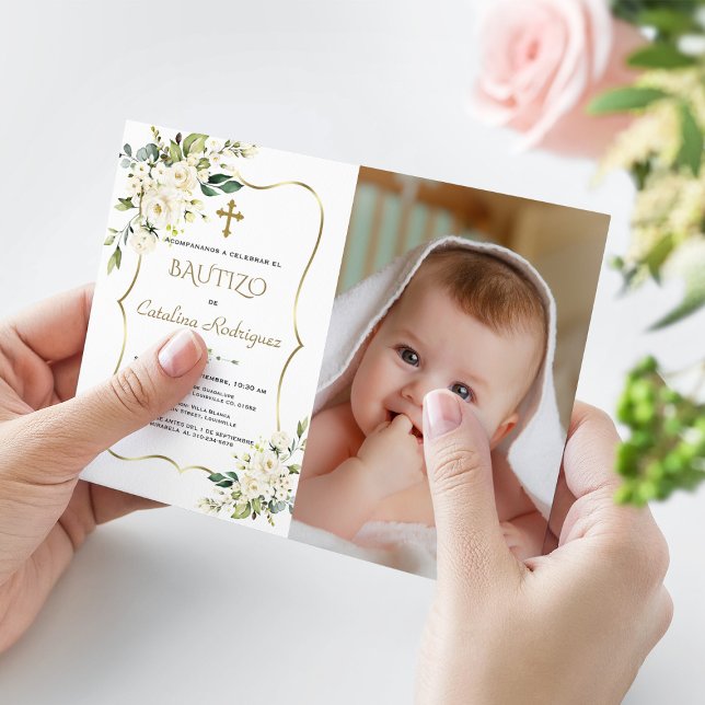 Invitación Dorada Bautizo Con Flor Baptismo (baptism bautizo baby photo invitation gold white flowers)