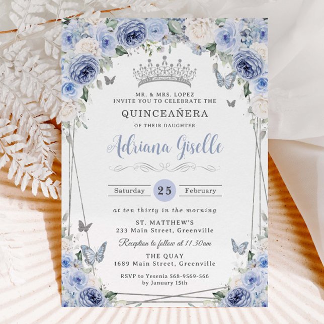 Invitación Dorada Bebé Azul Floral Blanco Plata Quinceañera 1 (Subido por el creador)