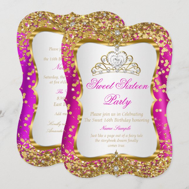 Invitación Dorada Blanca Princesa Tiara Rosa Fuert (Anverso / Reverso)