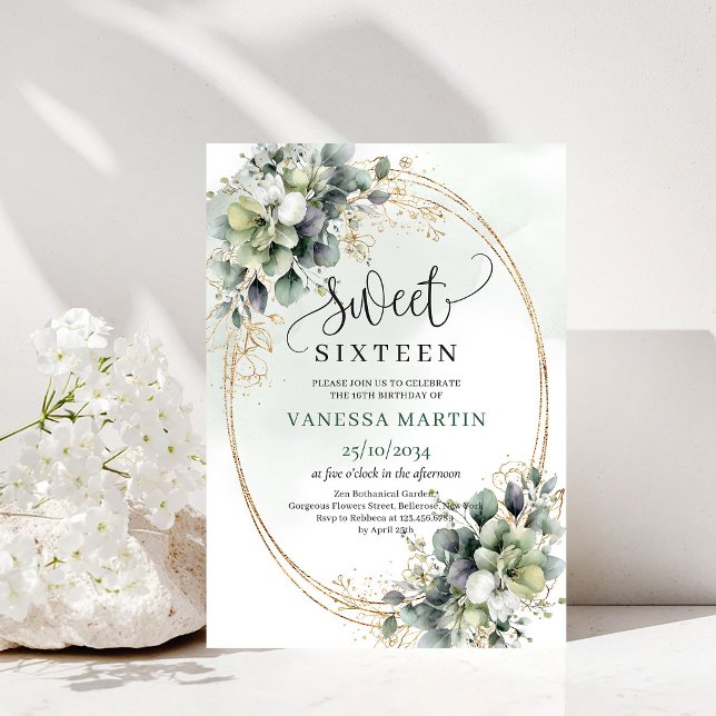 Invitación dorada Boho Greenery Foliage Sweet 16 (Boho Greenery Foliage Sweet 16 Gold Invitation)