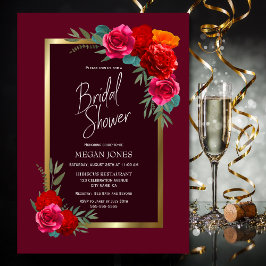 Invitación Dorada Border Burgundy Floral Bridal Shower