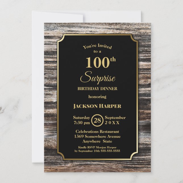 Invitación Dorada Border Wood Surprise Cena 100 Cumpleaños (Anverso)