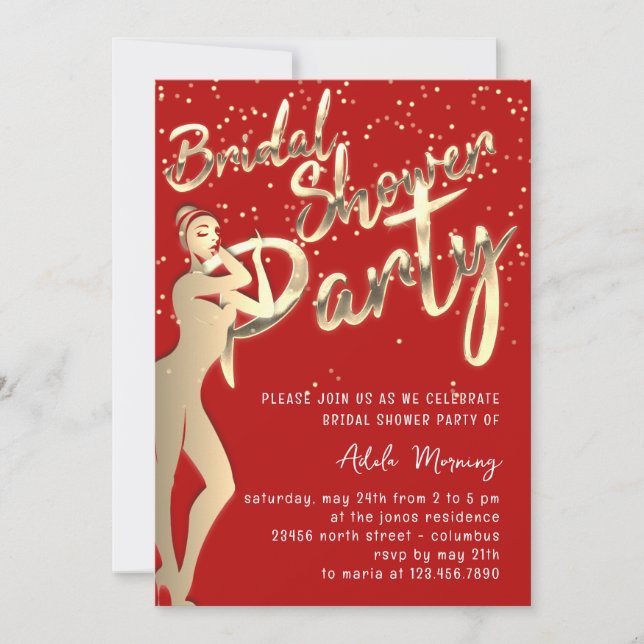 Invitación Dorada Bridal Shower Red Wine Confetti (Anverso)