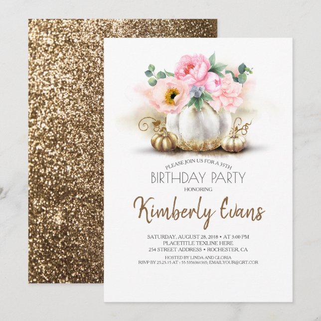 Invitación Dorada Calabaza Rubor Pink Floral Fall (Anverso / Reverso)