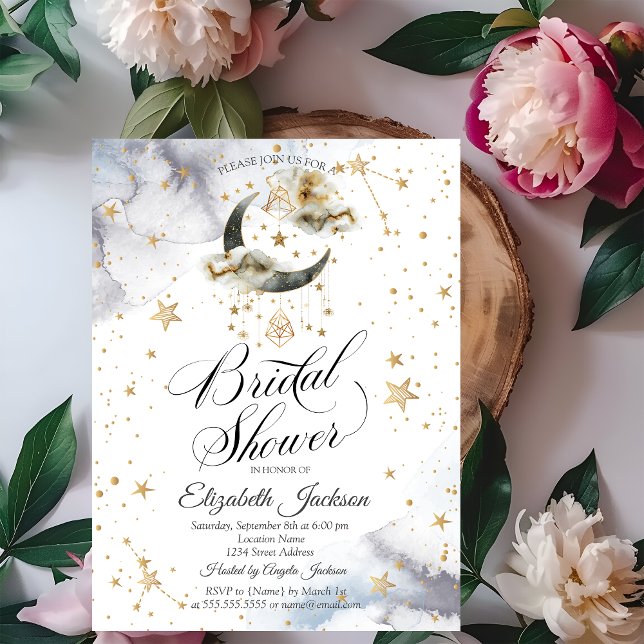 Invitación Dorada Celestial Moon Stars Bridal Shower (Subido por el creador)