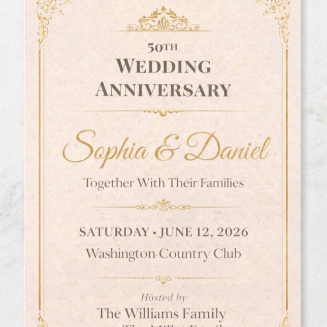 Invitación dorada de 50º aniversario (Elegant Gold 50th Wedding Anniversary Invitation — Timeless Design for Family Celebrations)