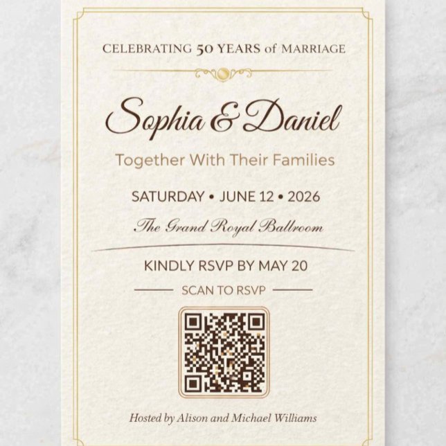 Invitación dorada de aniversario número 50 con cód (Elegant gold 50th anniversary invitation celebrating timeless love and family togetherness)