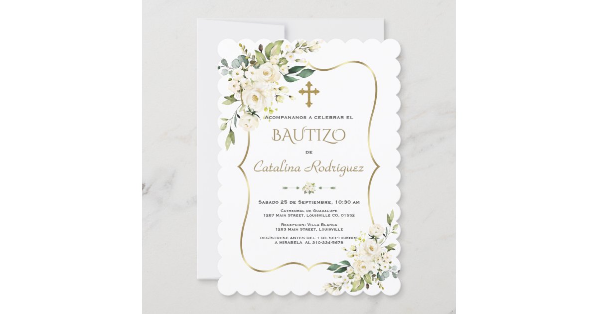 Invitación Dorada De Bautizo Con Flores Baptismo Invitación Dorada De Bautizo Con Flores Baptismo