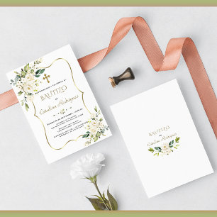 Invitación Dorada De Bautizo Con Flores Baptismo