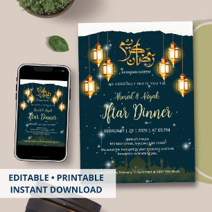 Invitación dorada de Iftar islámico Noche estrella