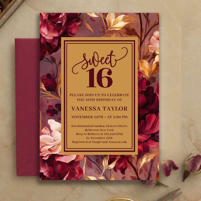 Invitación Dorada de Rosas Burgundy para Sweet 16  (Trendy Sweet 16 Burgundy Roses Gold Invitation)