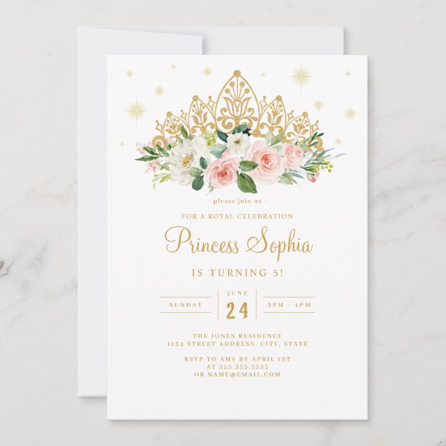 Invitación Dorada Espuma Rosa Princesa Floral Tiara Cumpleaño (Anverso)