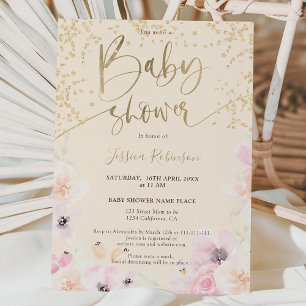 Invitación Dorada floral acuarela giratoria ducha bebé rosa