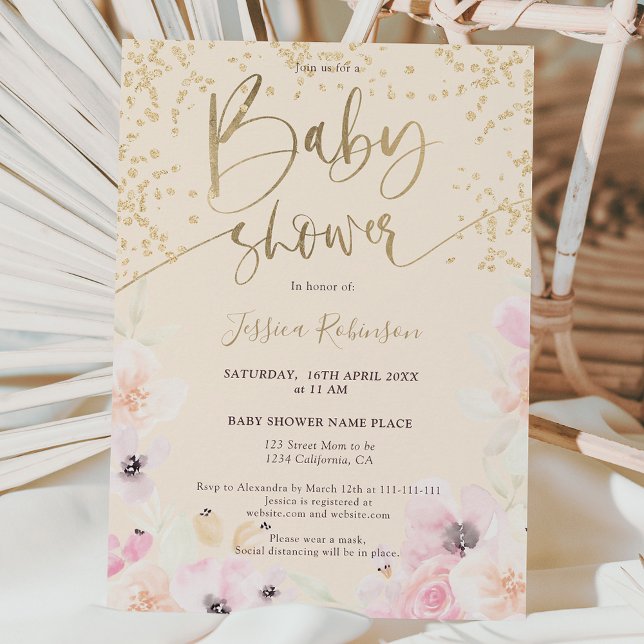 Invitación Dorada floral acuarela giratoria ducha bebé rosa (Subido por el creador)