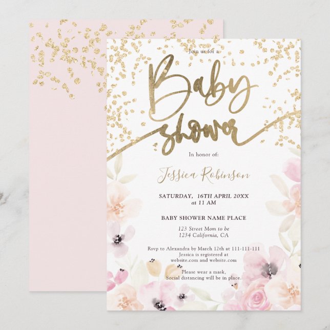 Invitación Dorada floral acuarela giratoria ducha bebé rosada (Anverso / Reverso)