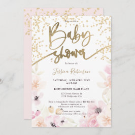 Invitación Dorada floral acuarela giratoria ducha bebé rosada