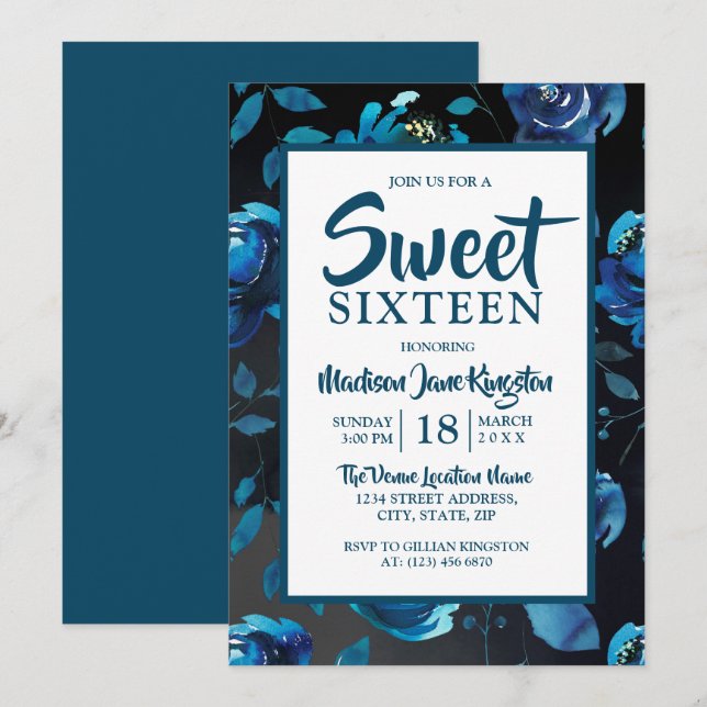 Invitación Dorada floral azul medianoche Elegante dulce 16 In (Anverso / Reverso)