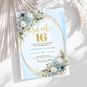 Invitación dorada floral azul suave polvoriento pa