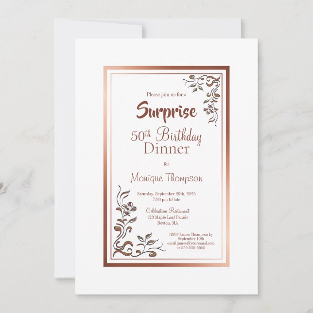 Invitación Dorada Floral Border Surprise Cena 50 Cumpleaños (Anverso)
