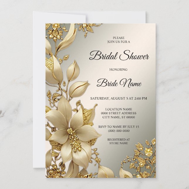 Invitación Dorada Floral Bridal Shower (Anverso)