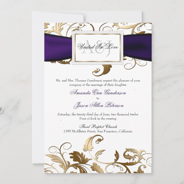 Invitación dorada floral con arco morado (Anverso)