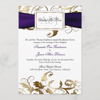 Invitación dorada floral con arco morado