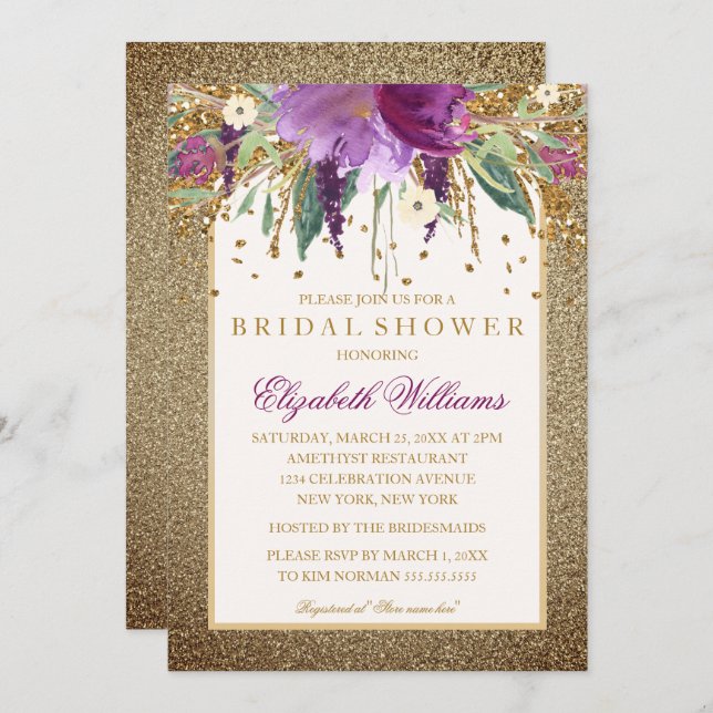 Invitación Dorada floral Sparkling Amethynudal Shower (Anverso / Reverso)