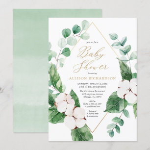 Invitación Dorada floral verde dorado ducha bebé