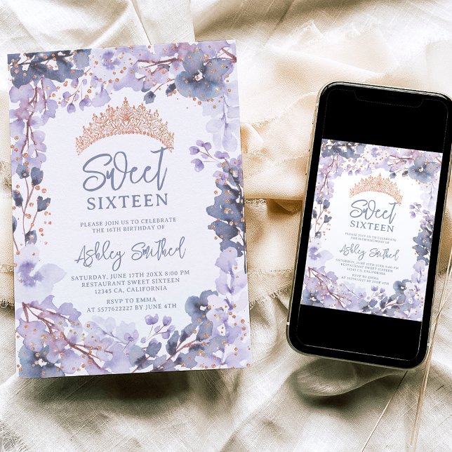 Invitación Dorada lavanda floral tiara princesa Dulce 16 (Subido por el creador)