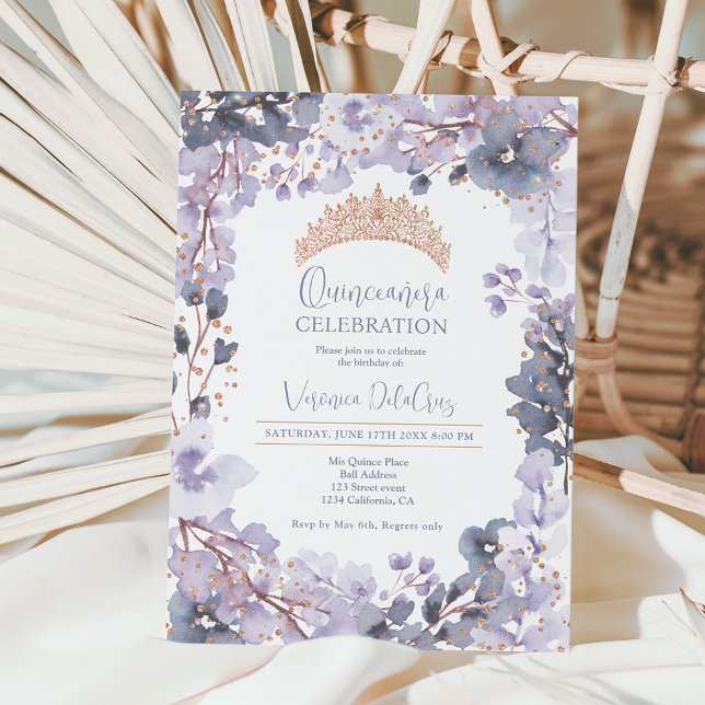 Invitación Dorada lavanda floral tiara princesa Quinceanera (Subido por el creador)
