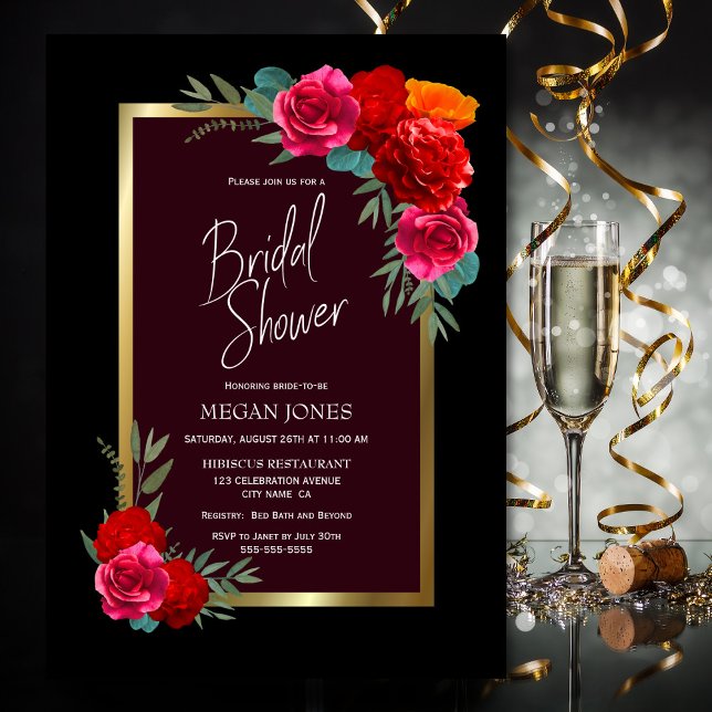 Invitación Dorada negra Borgoña Floral Bridal Shower (Subido por el creador)