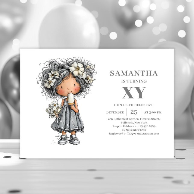 Invitación dorada negra de cumpleaños para niña ca (Modern Whimsical Girl Birthday Gold Black invitation)