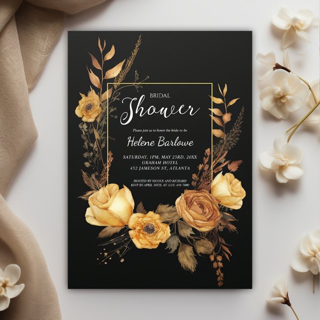 Invitación Dorada negra floral acuática ducha de novia (Black Gold Floral Watercolor Bridal Shower Invitation)