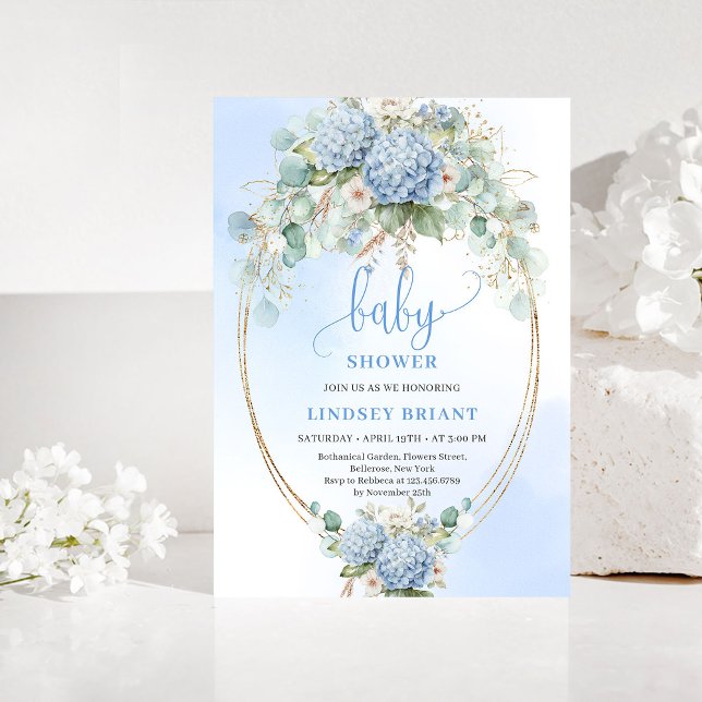 Invitación dorada para baby shower de hidrangea az (Boho Blue Hydrangea Baby Shower Gold Invitation)