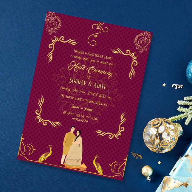 Invitación Dorada pareja hindú de la Ceremonia Haldi india (Subido por el creador)