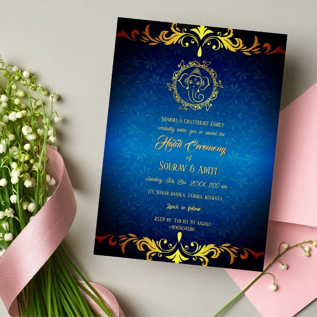 Invitación Dorada pareja hindú de la Ceremonia Haldi india (Subido por el creador)
