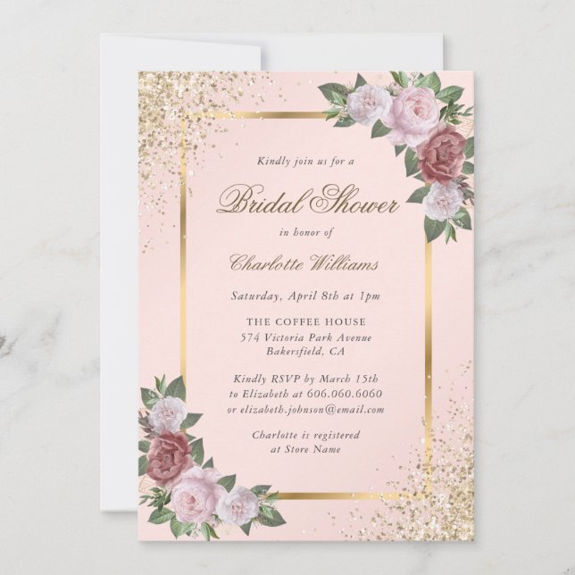 Invitación Dorada Rubor Floral rosa ducha de novia (Anverso)
